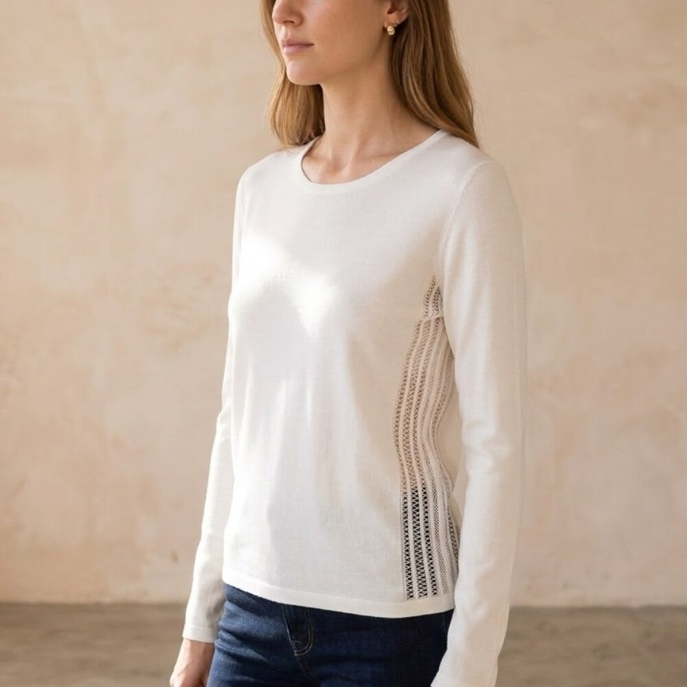 Malo Made in Italy stretchy cotton  White Women's Top with Sheer Side Panels  M